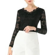 Allegra K Women's Floral Lace Top V-Neck Long Sleeve Lace Scalloped Trim Blouse