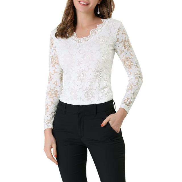 Allegra K Women's Floral Lace Top V-Neck Long Sleeve Lace Scalloped ...