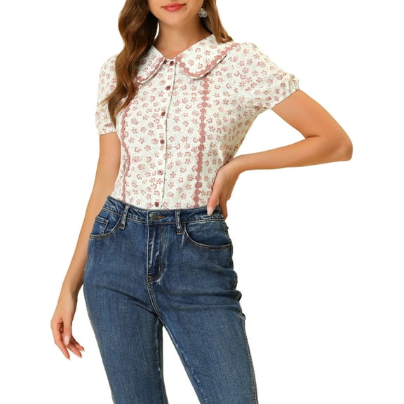 INSPIRE CHIC Women's Floral Lace Trim Peter Pan Collar Blouse Tops