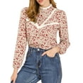 thumbnail image 1 of INSPIRE CHIC Women's Floral Lace Trim Stand Collar Long Sleeves Blouse Tops XS Beige, 1 of 6