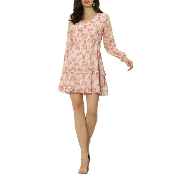 INSPIRE CHIC Women's Floral Long Sleeve Elastic Waist Ruffle Hem Dress with Belt