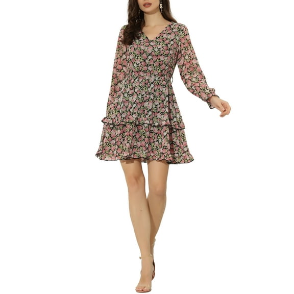 INSPIRE CHIC Women's Floral Long Sleeve Elastic Waist Ruffle Hem Dress with Belt