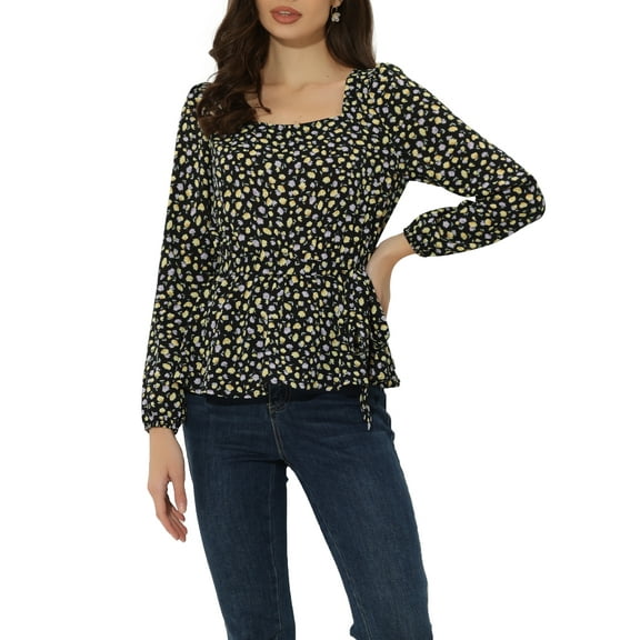 INSPIRE CHIC Women's Floral Long Sleeve Square Neck Peplum Blouse with Belt XS Blacks