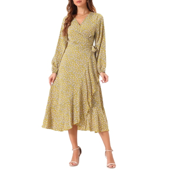 INSPIRE CHIC Women's Floral Long Sleeve Wrap Tie Waist Ruffle Split Hem Boho Maxi Dress Yellow L