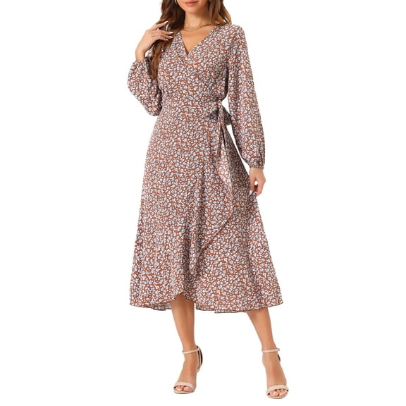 INSPIRE CHIC Women's Floral Long Sleeve Wrap Tie Waist Ruffle Split Hem Boho Maxi Dress Red L