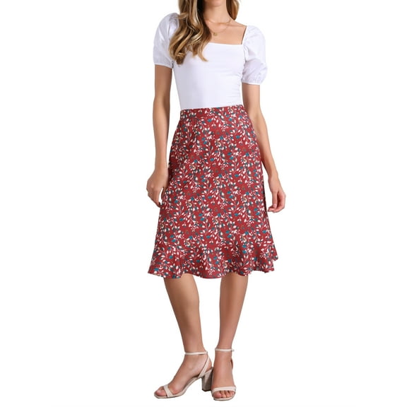 INSPIRE CHIC Women's Floral High Waist Flowy A-Line Split Ruffle Knee Length Skirts L Dark Red