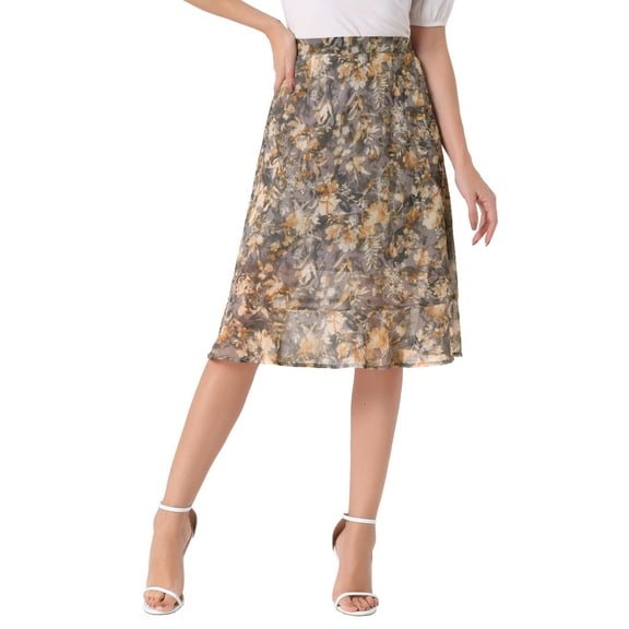 INSPIRE CHIC Women's Floral High Waist Flowy A-Line Split Ruffle Knee Length Skirts M Grey