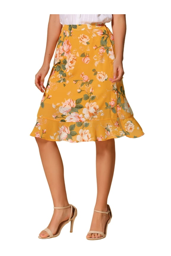 Women's Floral High Waist Flowy A-Line Split Ruffle Knee Length Skirts M Yellow