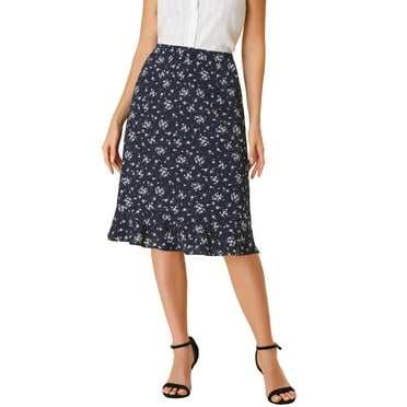 Allegra K Women's Floral Midi Skirts Summer Ruffle High Waist Flowy A-Line Split Knee Length Skirt XS Dark Blue