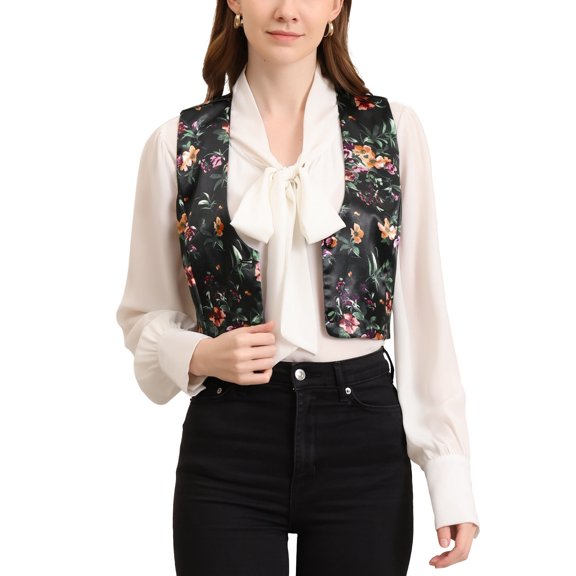 INSPIRE CHIC Women's Floral Pattern V Neck Sleeveless Button Satin Waistcoat Vest M Black