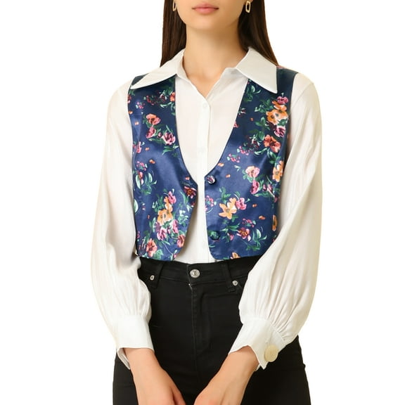 INSPIRE CHIC Women's Floral Pattern V Neck Sleeveless Button Satin Waistcoat Vest M Navy Blue