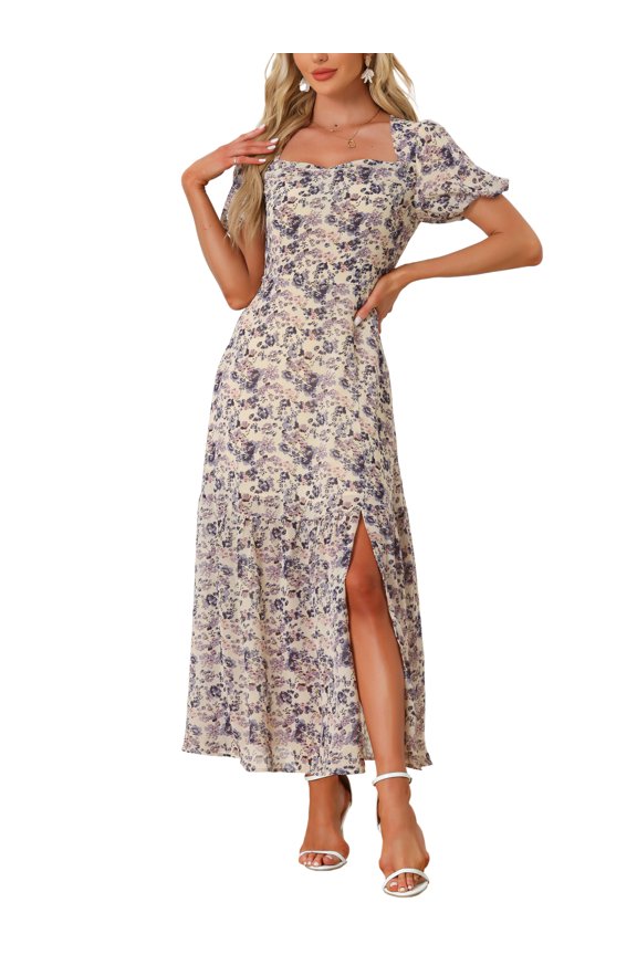 Women's Floral Patterned Smocked Square Neck Ruffle Swing Beach Boho Maxi Dress L Beige Purple