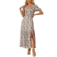 thumbnail image 1 of INSPIRE CHIC Women's Floral Patterned Smocked Square Neck Ruffle Swing Beach Boho Maxi Dress XS Beige Purple, 1 of 6