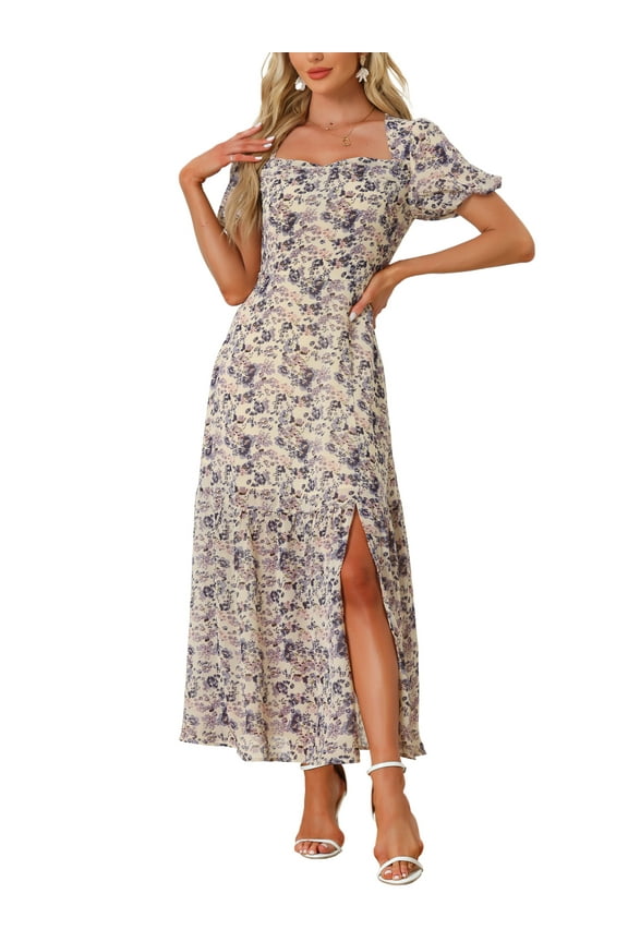 Women's Floral Patterned Smocked Square Neck Ruffle Swing Beach Boho Maxi Dress XS Beige Purple