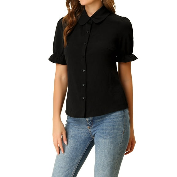INSPIRE CHIC Women's Floral Peter Pan Collar Button Ruffle Puff Short Sleeve Shirt Top Black M