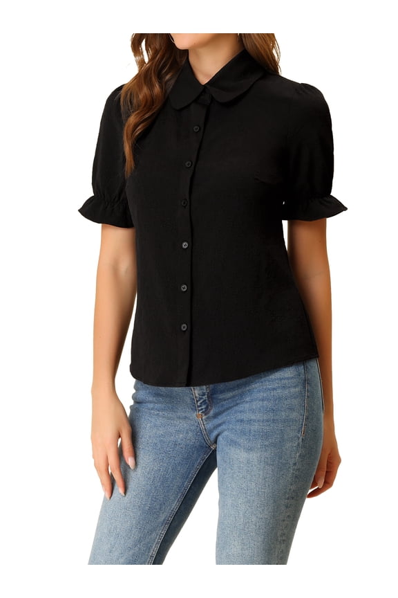 Women's Floral Peter Pan Collar Button Ruffle Puff Short Sleeve Shirt Top Black S