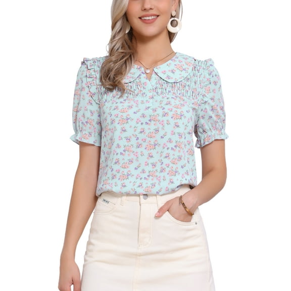 INSPIRE CHIC Women's Floral Peter Pan Collar Smocked Puff Short Sleeve Ruffle Blouse Top M Light Blue