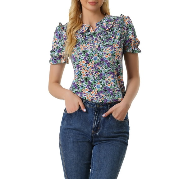 INSPIRE CHIC Women's Floral Peter Pan Collar Smocked Puff Short Sleeve Ruffle Blouse Top S Black Purple