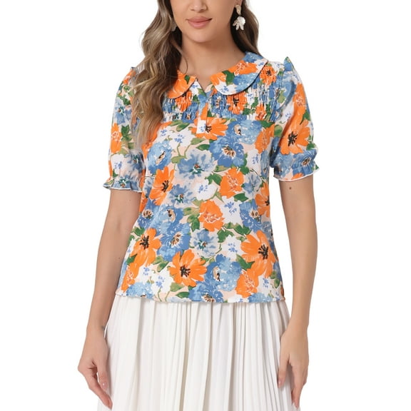 INSPIRE CHIC Women's Floral Peter Pan Collar Smocked Puff Short Sleeve Ruffle Blouse Top S Orange Blue