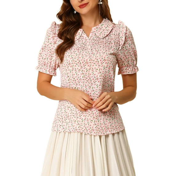 INSPIRE CHIC Women's Floral Peter Pan Collar Smocked Puff Short Sleeve Ruffle Blouse Top S White