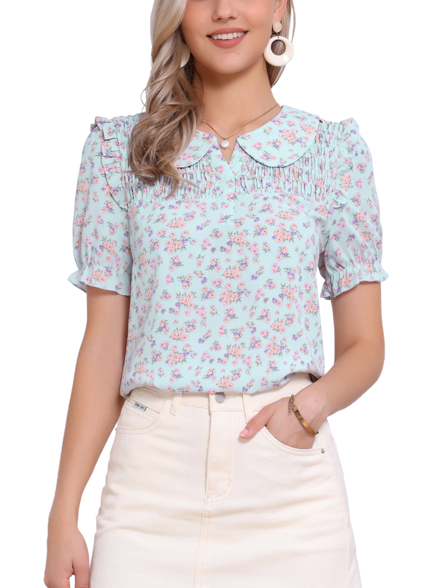 Peter Ruffles INSPIRE CHIC Women's Floral Peter Pan Collar Smocked Puff Short Sleeve ...