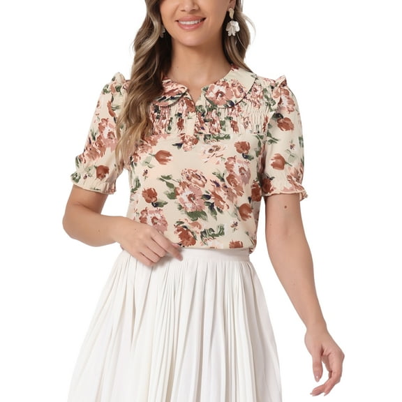 INSPIRE CHIC Women's Floral Peter Pan Collar Smocked Puff Short Sleeve Ruffle Blouse Top XS Beige