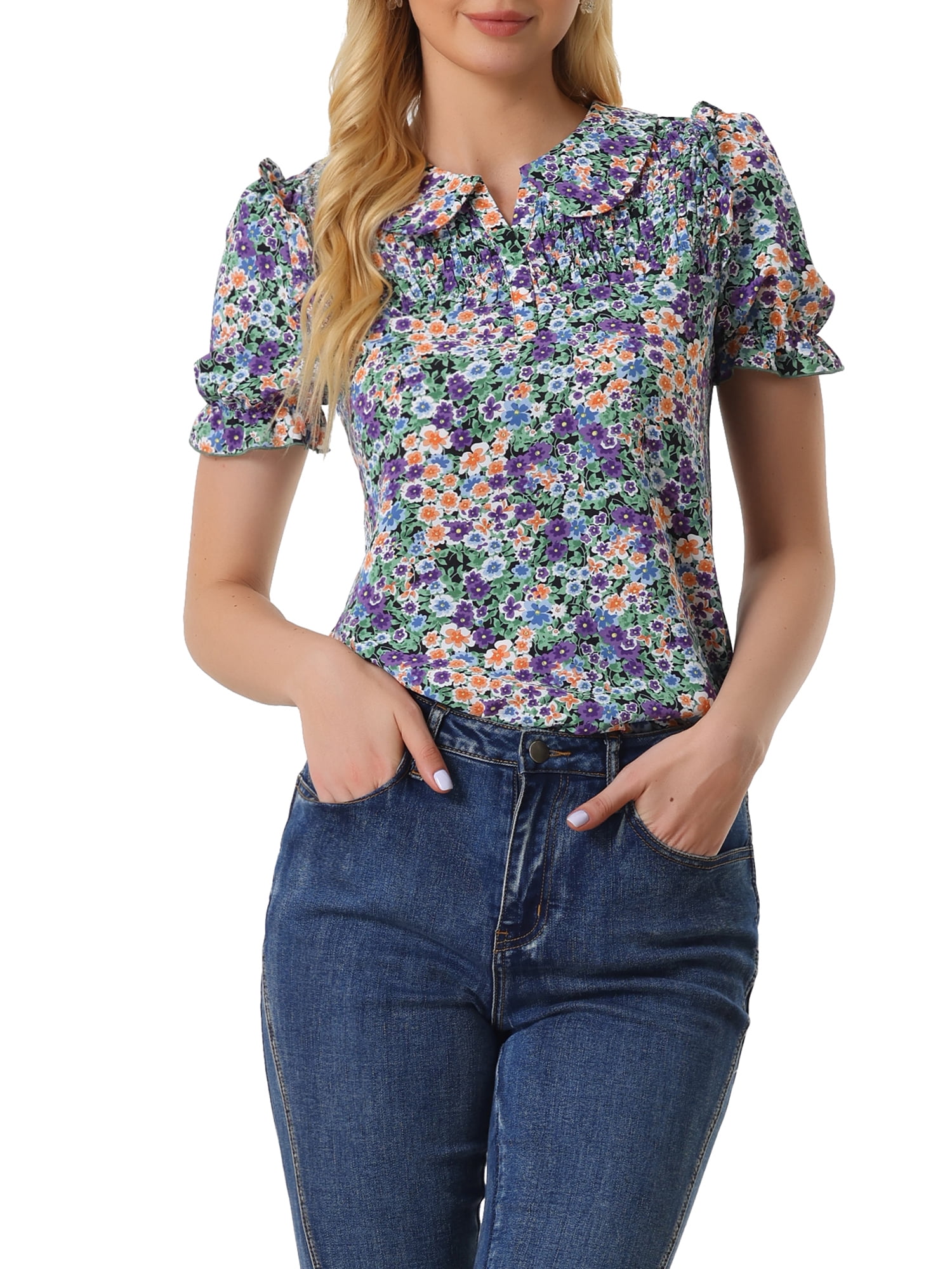 Peter Ruffles INSPIRE CHIC Women's Floral Peter Pan Collar Smocked Puff Short Sleeve ...