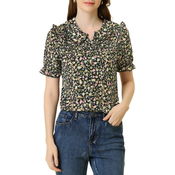 INSPIRE CHIC Women's Floral Peter Pan Collar Smocked Puff Short Sleeve Ruffle Blouse Top XS Black