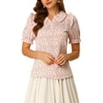 thumbnail image 1 of INSPIRE CHIC Women's Floral Peter Pan Collar Smocked Puff Short Sleeve Ruffle Blouse Top XS White, 1 of 8