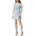 thumbnail image 1 of INSPIRE CHIC Women's Floral Peter Pan Collar Tie Neck Smocked Puff Sleeve Ruffle Dress Light Blue S, 1 of 5