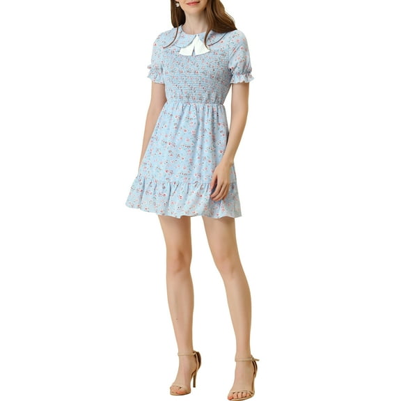 INSPIRE CHIC Women's Floral Peter Pan Collar Tie Neck Smocked Puff Sleeve Ruffle Dress Light Blue S