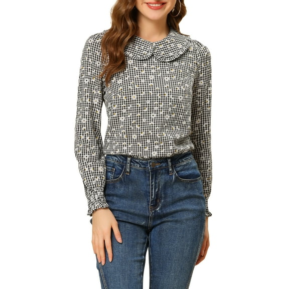 INSPIRE CHIC Women's Floral Plaid Print Top Puff Long Sleeve Ruffle Peter Pan Collar Blouse M Black