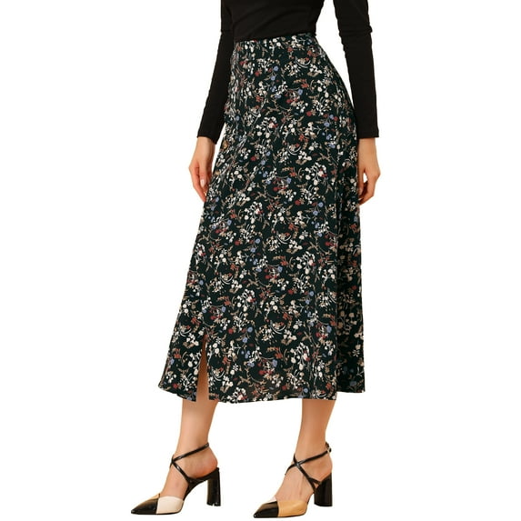 Allegra K Women's Floral Print Button Decor A-Line High Waist Slit Maxi Skirt