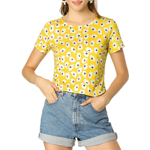 INSPIRE CHIC Women's Floral Print Crew Neck Blouse Short Sleeve Top M Yellow