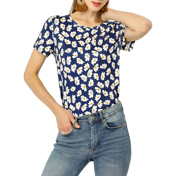 INSPIRE CHIC Women's Floral Print Crew Neck Blouse Short Sleeve Top M Dark Blue