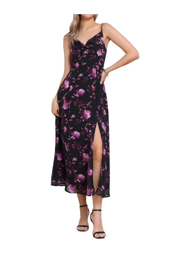 Women's Floral Print Dress Knot Front Sweetheart Neck Split Elegant Maxi Dress L Purple Pink