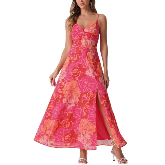 INSPIRE CHIC Women's Floral Print Dress Knot Front Sweetheart Neck Split Elegant Maxi Dress XS Hot Pink
