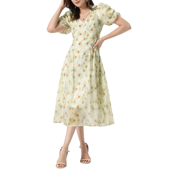 INSPIRE CHIC Women's Floral Print Dress Short Sleeve Cinched Waist Long Dresses