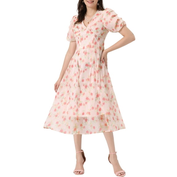 INSPIRE CHIC Women's Floral Print Dress Short Sleeve Cinched Waist Long Dresses