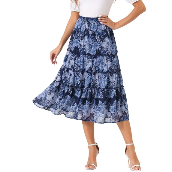 INSPIRE CHIC Women's Floral Skirt Elastic High Waist Ankle Length Chiffon A-Line Skirt 3XL Deep Blue