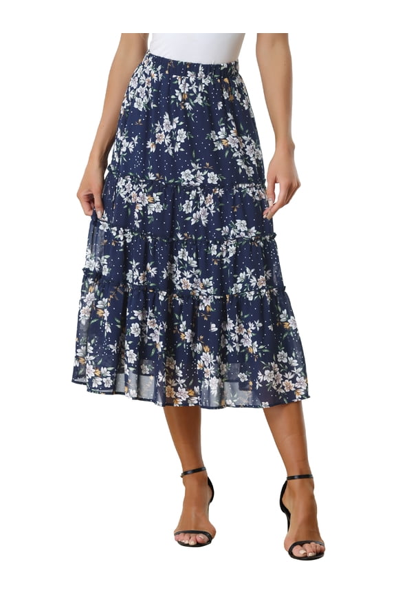 Women's Floral Skirt Elastic High Waist Ankle Length Chiffon A-Line Skirt L Antique Blue