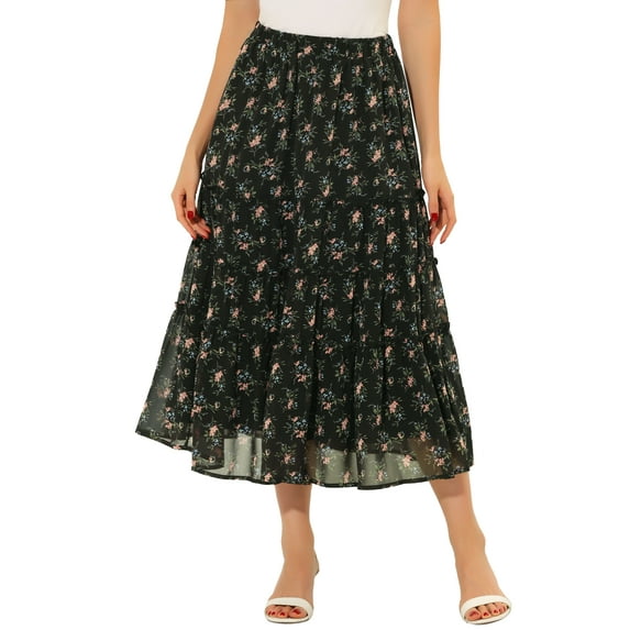 INSPIRE CHIC Women's Floral Skirt Elastic High Waist Ankle Length Chiffon A-Line Skirt L Black A
