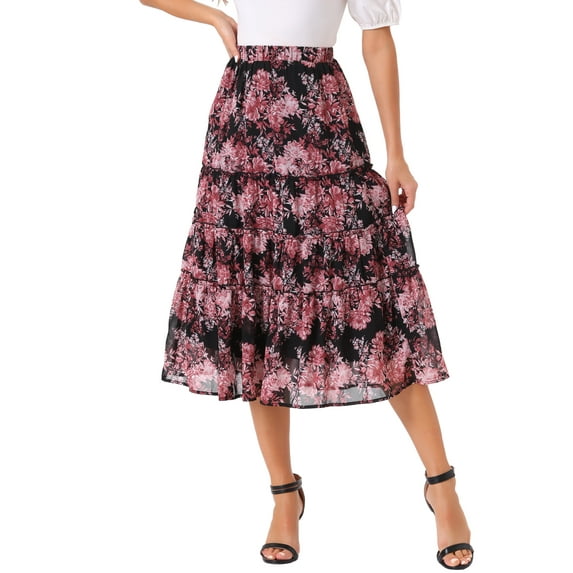 INSPIRE CHIC Women's Floral Skirt Elastic High Waist Ankle Length Chiffon A-Line Skirt L Black Pinks