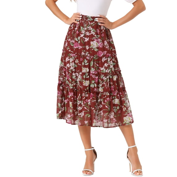 INSPIRE CHIC Women's Floral Skirt Elastic High Waist Ankle Length Chiffon A-Line Skirt M Burgundy
