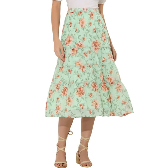 INSPIRE CHIC Women's Floral Skirt Elastic High Waist Ankle Length Chiffon A-Line Skirt M Mint