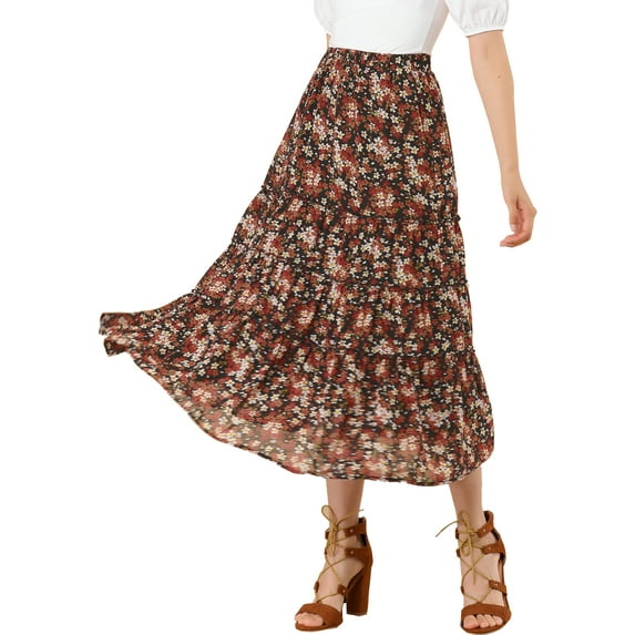 INSPIRE CHIC Women's Floral Skirt Elastic High Waist Ankle Length Chiffon A-Line Skirt S Black Red