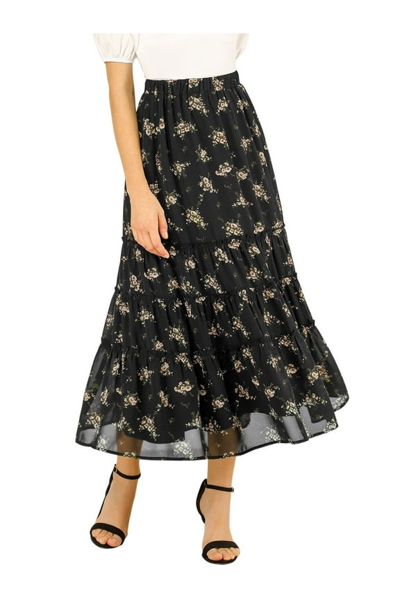 Women's Floral Skirt Elastic High Waist Ankle Length Chiffon A-Line Skirt S Black