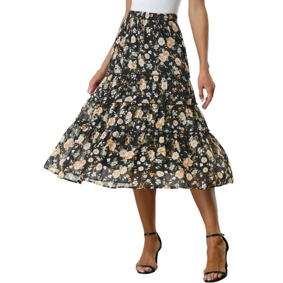 INSPIRE CHIC Women's Floral Skirt Elastic High Waist Ankle Length Chiffon A-Line Skirt S Blacks