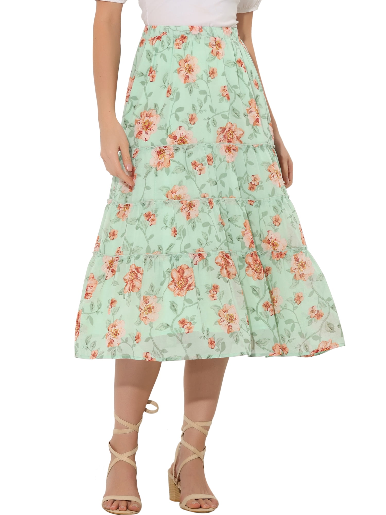 Anna-Kaci Women's Tiered Floral Maxi Skirt with Elastic Waist and Flowy A-Line Silhouette