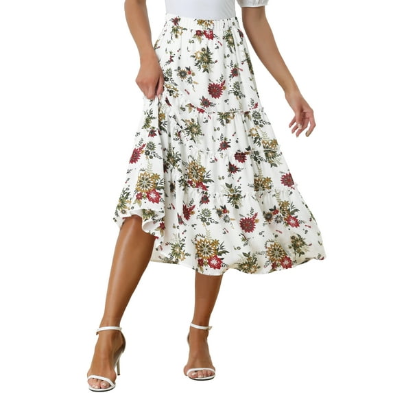 INSPIRE CHIC Women's Floral Skirt Elastic High Waist Ankle Length Chiffon A-Line Skirt S Whites